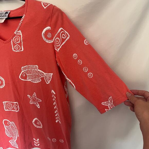 COPA CABANA 3/4 Sleeve Fish Print Womens Top Size Large Coral Orange Beachy USA - Picture 4 of 9